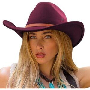 Women's Burgundy Western With Leather Band Buckle Classic Fedora Cowboy Felt Hat
